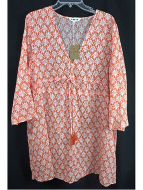 Boden Short Kaftan Beach Cover Up US 14R Coral Shell Pattern Cotton Vacation NWT